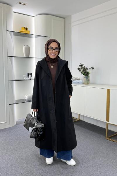 Kapüşonlu Astarlı Trençkot Siyah