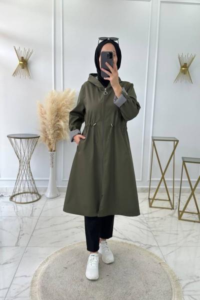 Çizgili Trenç Haki Yeşil