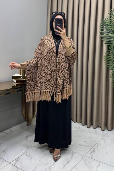 Leopar Kollu Şal Panço Vizon