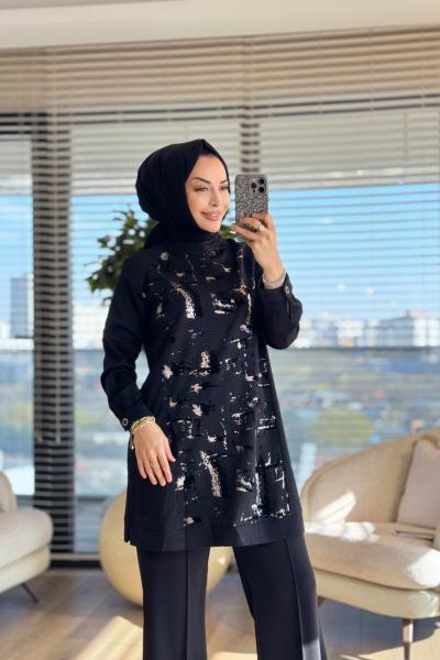 01-1290 Önü Varak Baskılı Tunik Siyah Antrasit