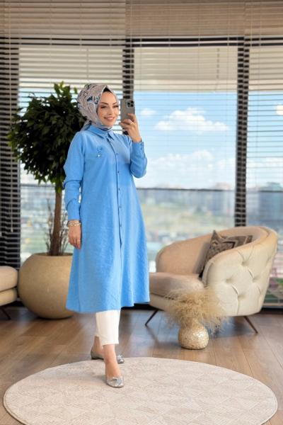 01-1294 Ön Düğmeli Uzun Tunik Mavi