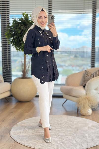 01-1318 Ön Parça Üstü İncili Gömlek Siyah