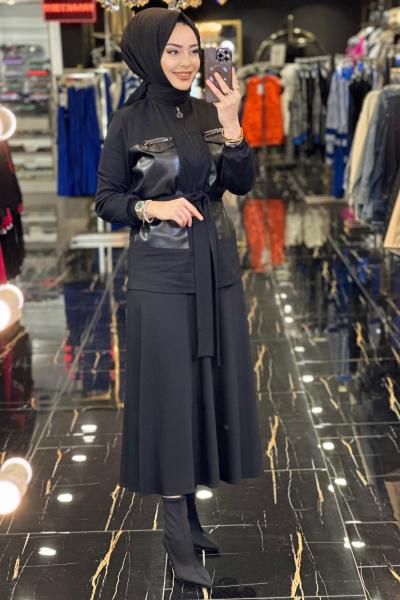 02-1939 Ön Deri Parçalı Fermuarlı Takım Siyah