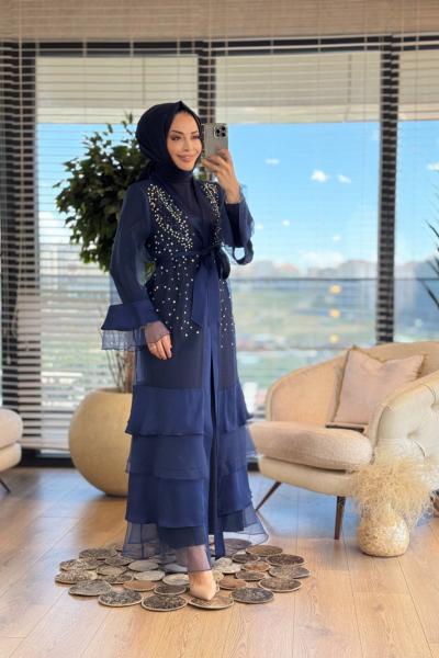 02-2429 Şifon Üstü Taş İşleme Kap 2li Takım Lacivert