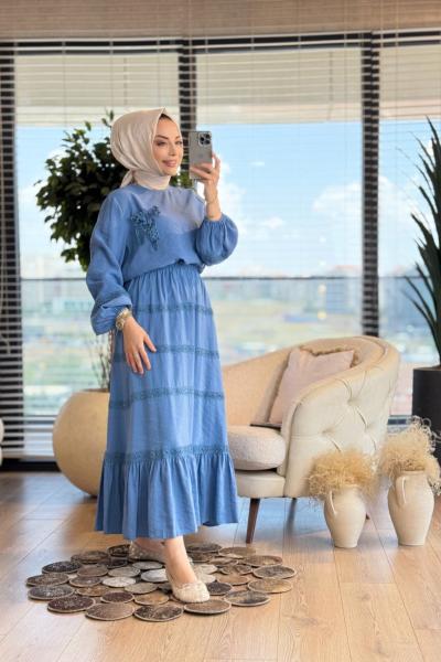 02-2508 Eteği Dantel Detaylı Takım İndigo