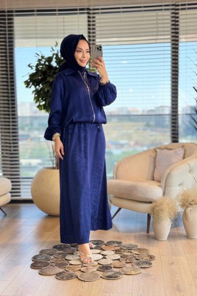 02-2520 Kendinden Çiçek Desenli Üst Ceketli 2li Takım Lacivert