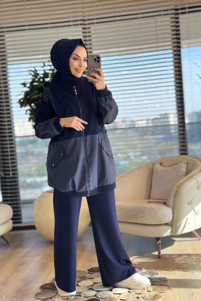 02-2707 Yanları İp Geçmeli Fermuarlı Takım Lacivert