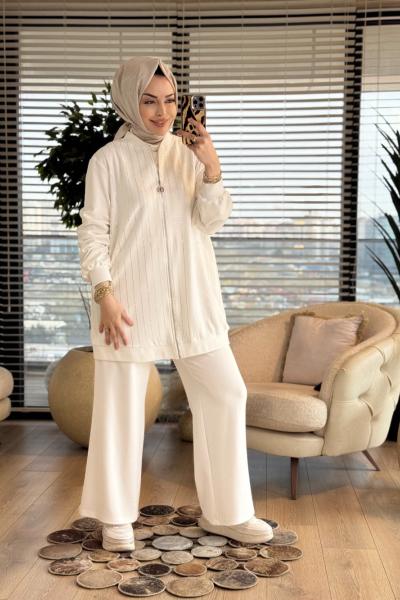 02-2726 Ön Boyuna Taş Baskılı Takım Ekru