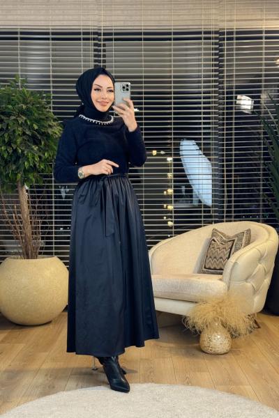 03E4658 Triko Garni Taşlı Elbise Siyah