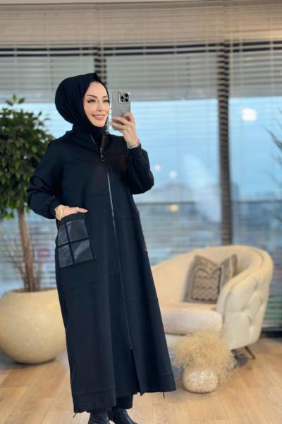 04-1488 Cep Deri Dikişli Kapşonlu Kap Siyah