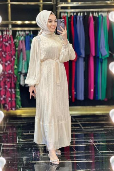 0449 Şifon Omuz Yaka Manşet Taşlı Elbise Bej