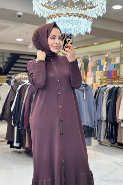 048 Eteği Volanlı Çıtçıtlı Uzun Hırka Kahve