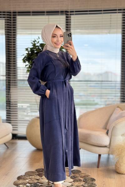 05-1180 Ön Kare Dikişli Fermuarlı Ferace Lacivert