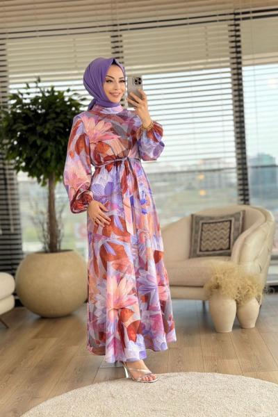 08-1538 Çiçek Ve Puan Desenli Elbise Lila