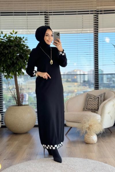 08-1611 Etek Ve Kol Ucu Kare Desen Elbise Siyah