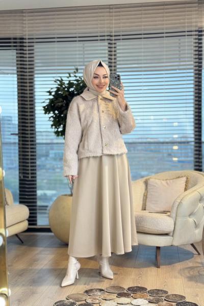1005393 Kadife Yakalı Kürk Ceket Bej
