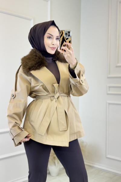 1006649 Kontrast Kürk Yakalı Trenç Camel