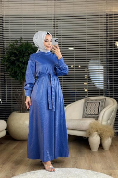 10417 Parlak Kumaş Omuz Taş Baskı Elbise İndigo