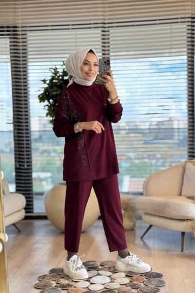10568 Yanları Taş Baskılı Takım Bordo