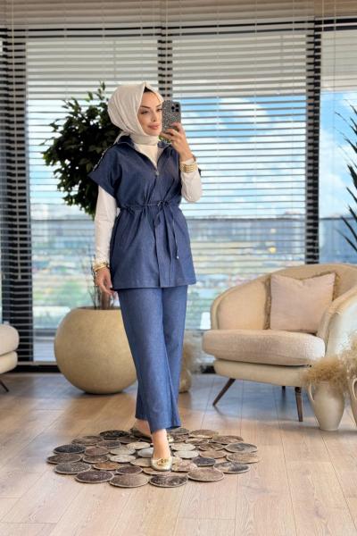 10703 Apoleti Taşlı Tencel Yelekli Takım Lacivert
