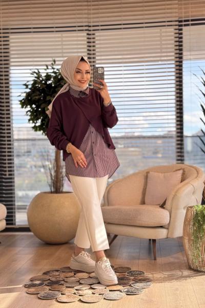 10725 Çizgili Gömlek Üstü Bluzlu Tunik Mürdüm