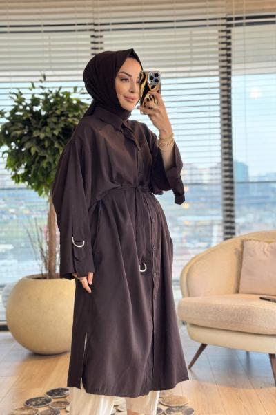 10753 Manşeti Kuşaklı Uzun Ön Düğmeli Tunik Kahve