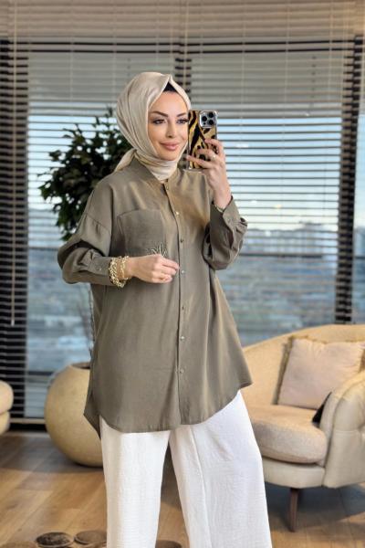 10763 Cep Üstü Broş İşli Gömlek Haki