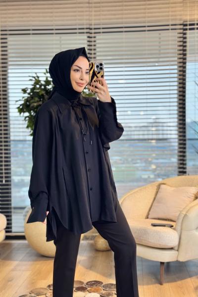 10772 Yakası İp Bağcıklı Gömlek Siyah