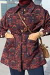 10835 Kendinden Çiçek Desenli Ceket Bordo