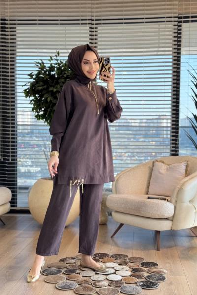 10900 Patı Fermuarlı Eteği Zincirli Pantolon Takım Kahve