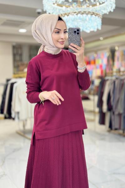 114 Etek Ve Kolu Balık Sırtı Desenli Takım Bordo