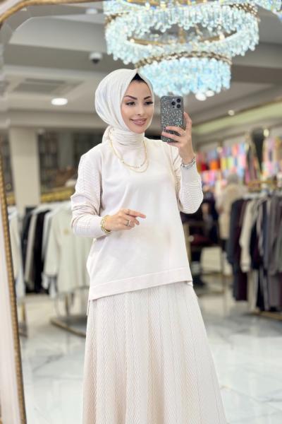 114 Etek Ve Kolu Balık Sırtı Desenli Takım Bej