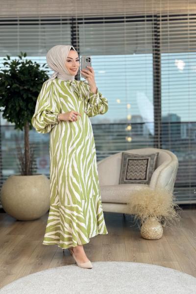 1183 Yaka Fırfırlı Zebra Elbise Haki