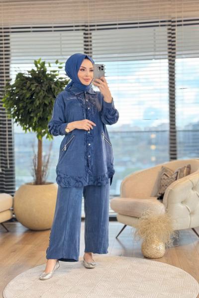 1253 Patı Ve Kolu Kendinden Desenli Takım İndigo