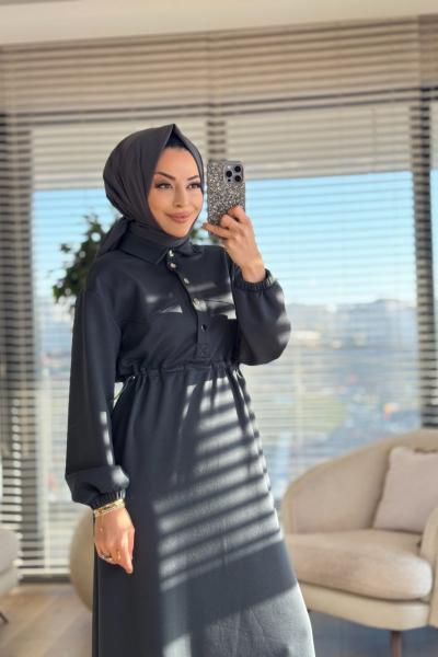 12655 Patı Çıtçıtlı Beli Büzgülü Elbise Antrasit
