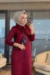 12669 Fularlı Patı Düğmeli Elbise Bordo