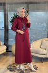 12669 Fularlı Patı Düğmeli Elbise Bordo