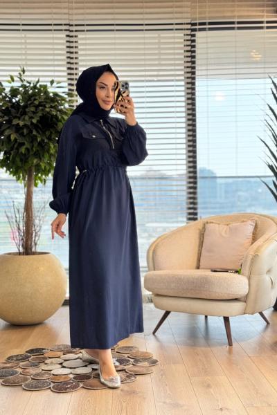 12670 Roba İki Cepli Patı Fermuarlı Elbise Lacivert