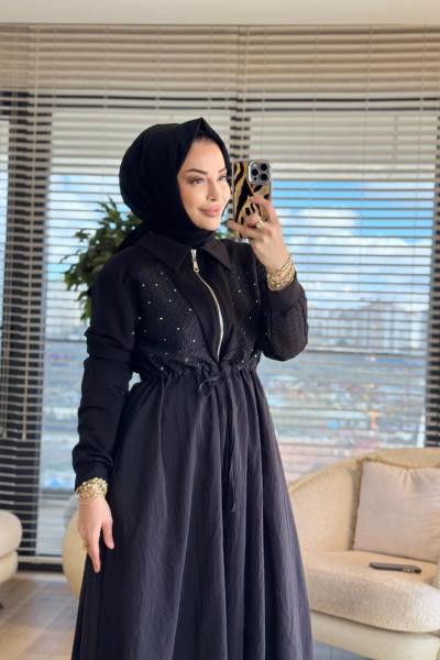 12674 Roba Ve Kol Petek Desen Elbise Siyah
