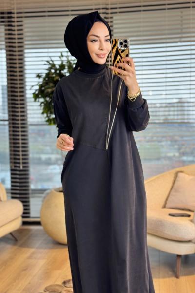 12686 Önü Fermuar Detaylı Elbise Siyah