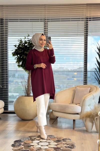127 Kolları Lastik Örgü Triko Tunik Bordo