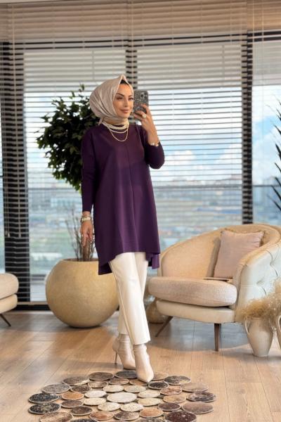 127 Kolları Lastik Örgü Triko Tunik Mürdüm