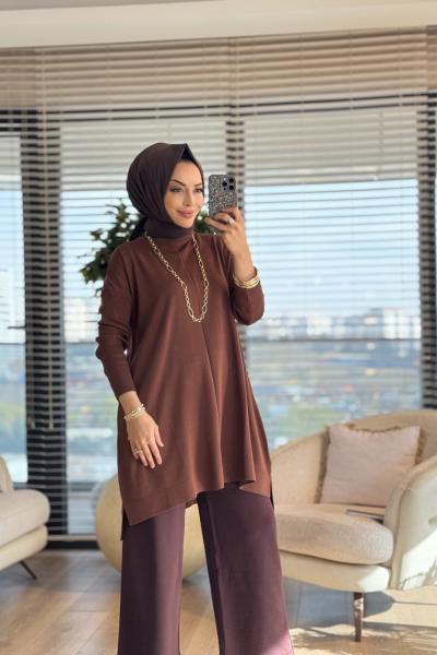 127 Kolları Lastik Örgü Triko Tunik Kahve