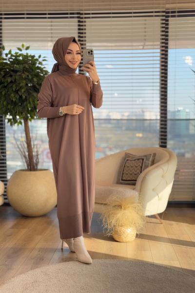 130 Önü Boyuna Çizgi Detaylı Triko Elbise Vizon