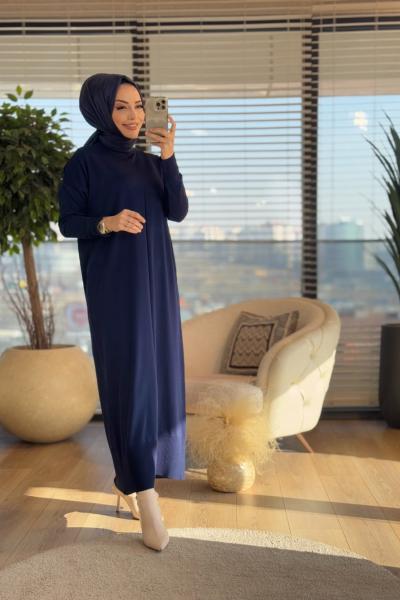 130 Önü Boyuna Çizgi Detaylı Triko Elbise Lacivert