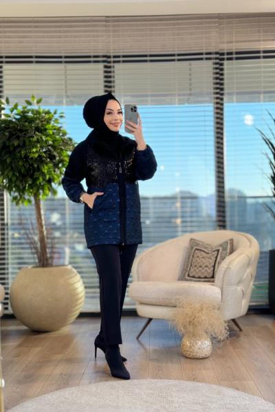 14-1132 Ön Pul Ve Kabartma Kumaş Ceket Lacivert