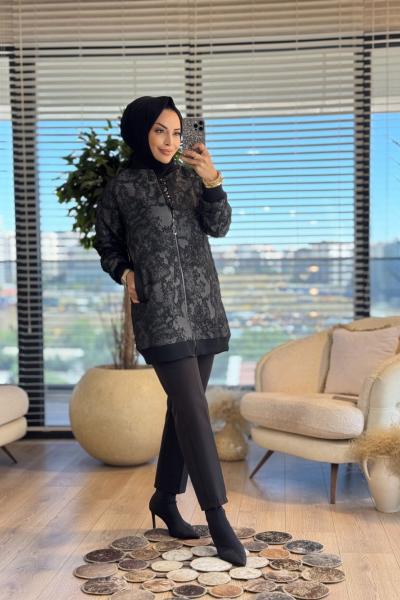 14-1161 Kabartma Desen Fermuarlı Ceket İndigo