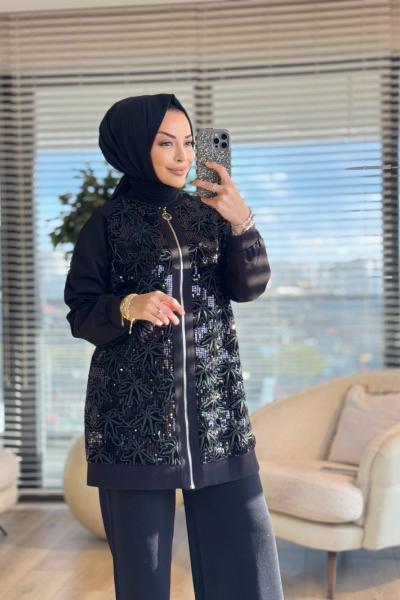 14-1174 Önü Pul Payet Nakışlı Fermuarlı Ceket