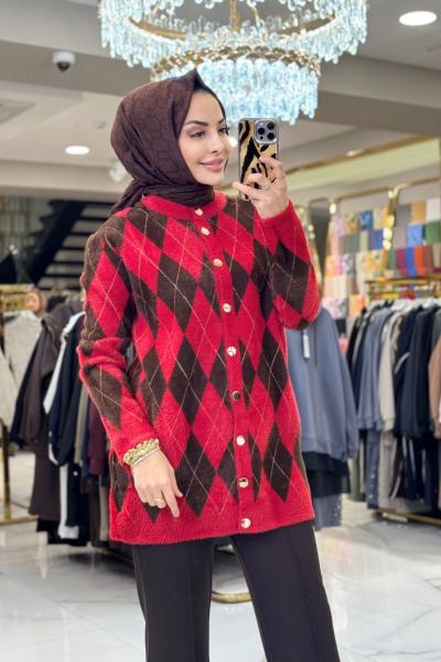 140588 Baklava Desen Simli Uzun Hırka Kırmızı