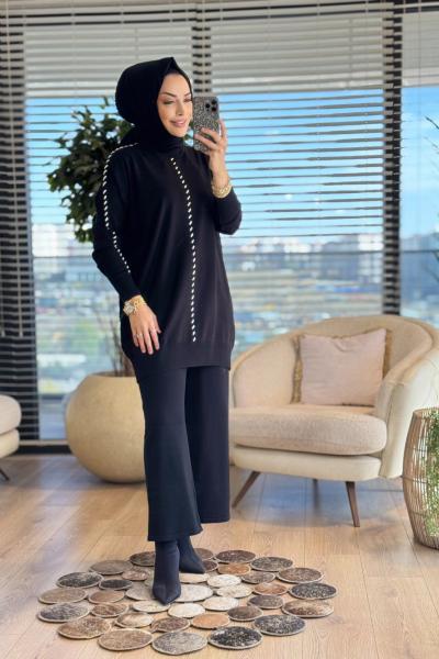 1408 Ön Ve Kolu İp Geçmeli Triko Pantolonlu Takım Siyah